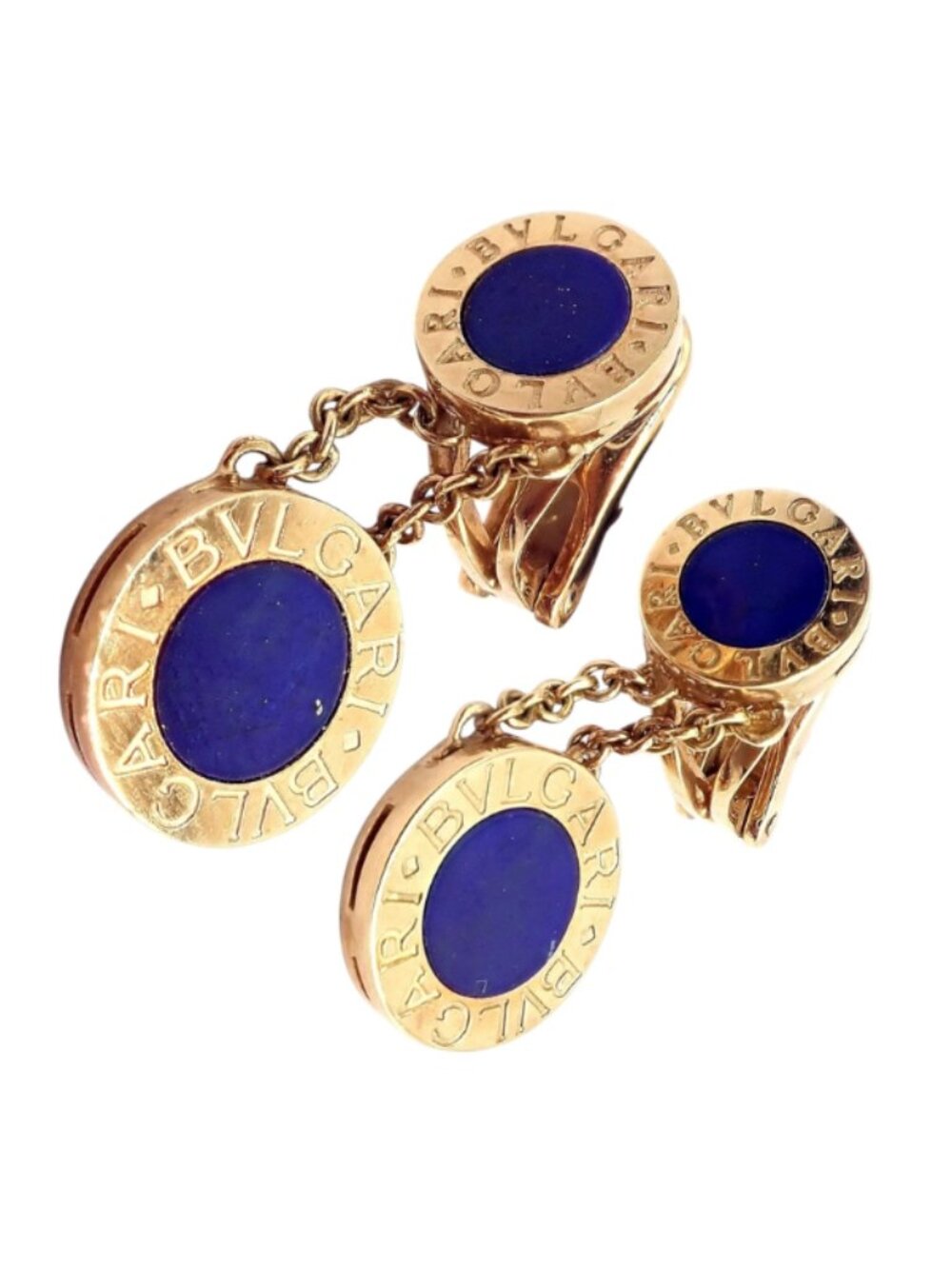Rare! Authentic Bvlgari Bulgari 18k Yellow Gold Lapis Disc Double Logo Earrings